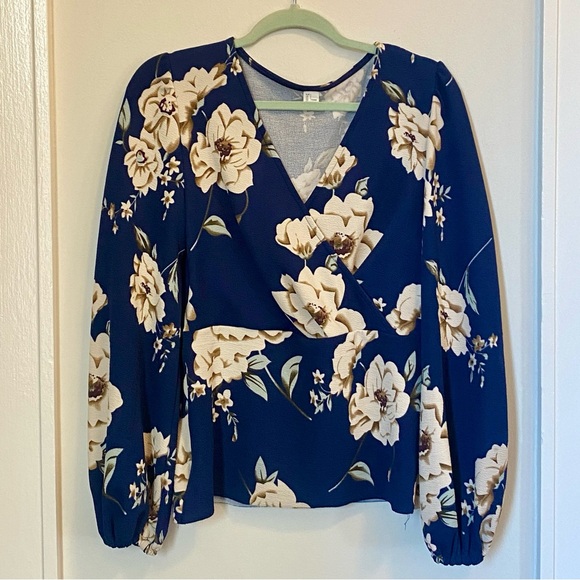 Floral V-Neck Blouse - Blue and Cream - Picture 2 of 9